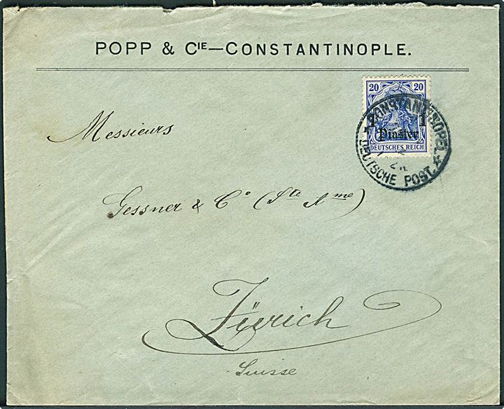 1 Piaster/20 pfg. provisorium på brev stemplet Constantinopel Deutsche Post 1912 til Zürich, Schweiz.