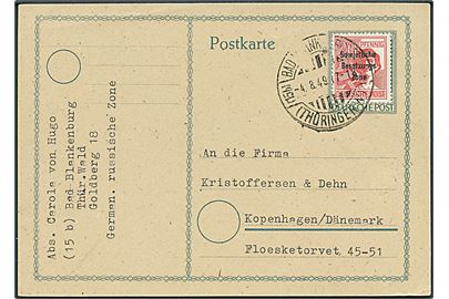 30 pfg. SBZ overtryk single på brevkort fra Bad Blankenburg d. 4.8.1949 til København, Danmark.
