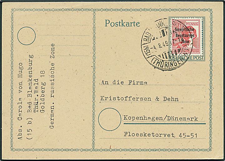 30 pfg. SBZ overtryk single på brevkort fra Bad Blankenburg d. 4.8.1949 til København, Danmark.