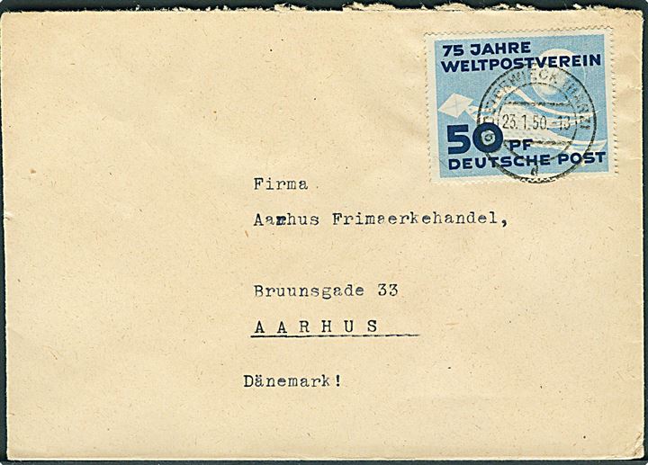 50 pfg. UPU single på brev fra Oesterwieck d. 23.1.1950 til Aarhus, Danmark.