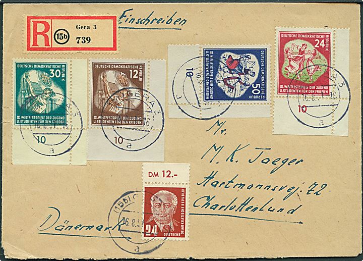 Komplet sæt Ungomsfredskongres og 24 pfg. Pieck på anbefalet brev fra Gera d. 16.8.1951 til Charlottenlund, Danmark.