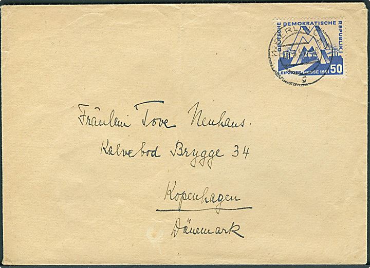 50 pfg. Leipziger Messe single på brev fra Berlin d. 24.3.1951 til København, Danmark.