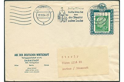 10 pfg. Heuss på reklamekuvert sendt som tryksag fra Darmstadt d. 22.9.1954 til Aarhus, Danmark.