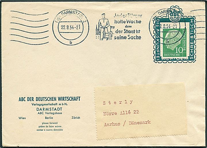 10 pfg. Heuss på reklamekuvert sendt som tryksag fra Darmstadt d. 22.9.1954 til Aarhus, Danmark.