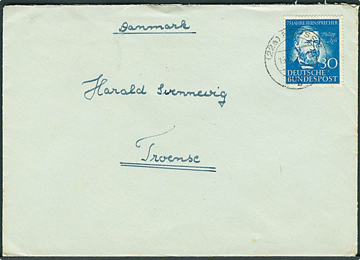 30 pfg. Philipp Reis single på brev fra Neuss d. 15.12.1952 til Troense, Danmark.