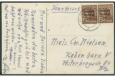 15 pfg. SBZ provisorium (2) på brevkort fra Radebeul 1950 til København, Danmark.