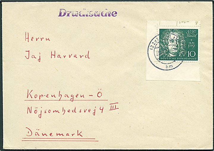 10 pfg. Händel fra blok anvendt som frankering på tryksag fra Köln ca. 1958 til København, Danmark.