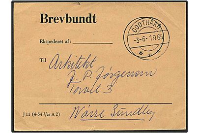 1965 Brevbundt seddel type J11 (4-54 1/25 A2) sendt fra Godthaab d. 3.6.1965 til Nørre sundby, Danmark.