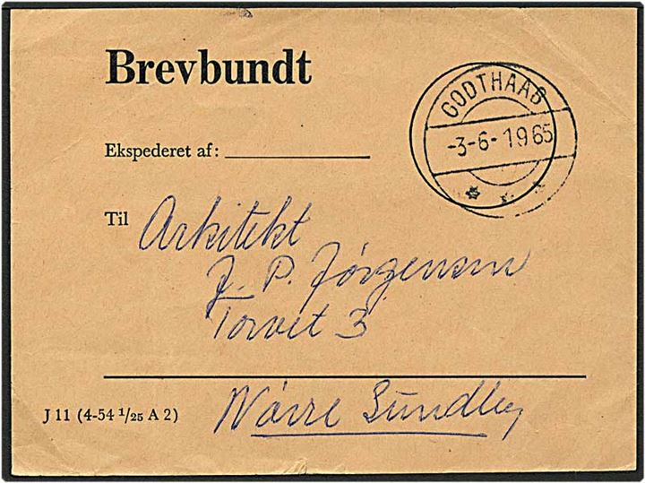 1965 Brevbundt seddel type J11 (4-54 1/25 A2) sendt fra Godthaab d. 3.6.1965 til Nørre sundby, Danmark.