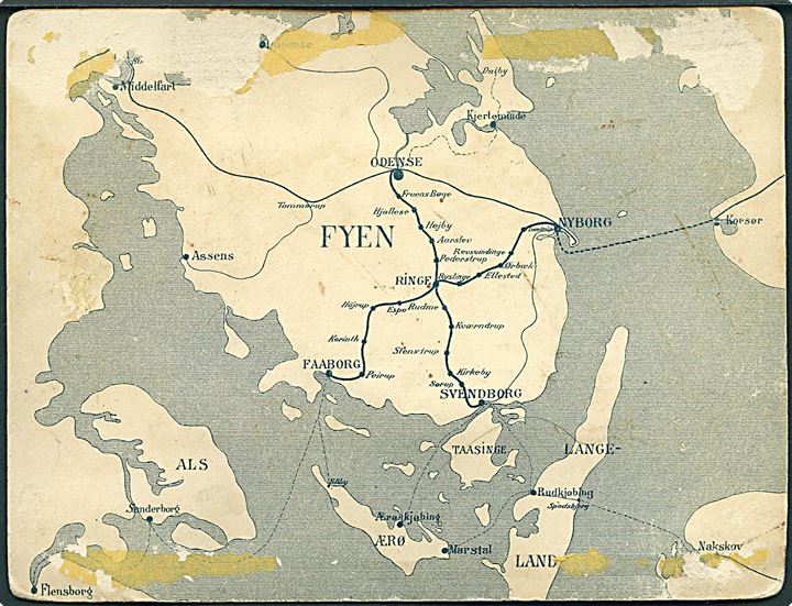 Ringe station. Sydfynske Jernbaners nytårshilsen 1898 med landkort. Kartonkort U/no. Div. skader. Kvalitet 5
