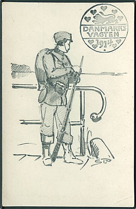Danmarks Vagten 1914 med soldat. Signeret S.P. U/no.