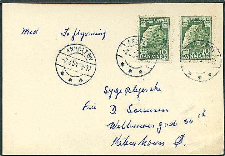 10 øre 1000 års udg. (2) på filatelistisk is-luftpost brevkort med brotype IIc Anholt By d. 2.3.1954 til København.