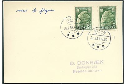 10 øre 1000 års udg. (2) på filatelistisk is-luftpost brevkort fra Byrum d. 20.2.1954 til Frederikshavn.