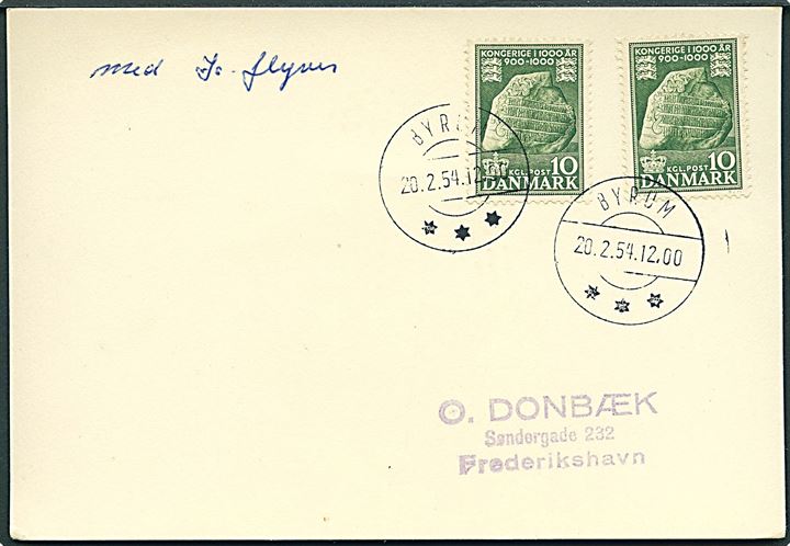 10 øre 1000 års udg. (2) på filatelistisk is-luftpost brevkort fra Byrum d. 20.2.1954 til Frederikshavn.