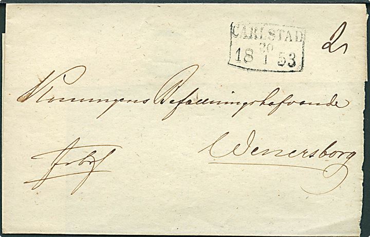 1853. Fribrev med rammestempel Carlstad d. 20.1.1853 til Wenersborg.