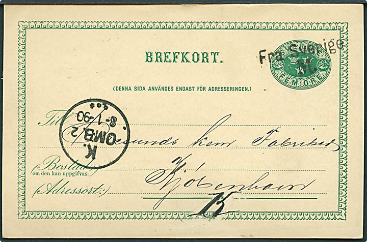 5 öre helsagsbrevkort fra Malmö annulleret med skibsstempel Fra Sverige M. og sidestemplet K. OMB.2 d. 8.1.1890 til Kjøbenhavn, Danmark.