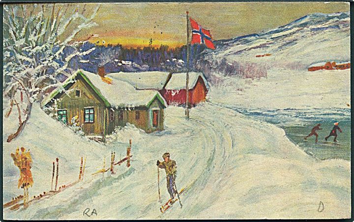 15 øre Løve og Norsk Røde Kors mærket (defekt) på julekort fra Oslo d. 23.12.1935 til Stockholm, Sverige.