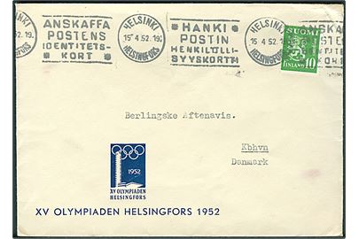 10 mk. Løve på fortrykt XV Olympiade Helsingfors 1952 kuvert fra Helsinki d. 15.4.1952 til København, Danmark.
