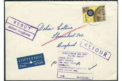 7 kr. Europa udg. på luftpostbrev fra Reykjavik d. 21.10.1967 til England. Retur med utilstrækkelig adresse.
