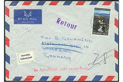 15 kr. Naturbeskyttelsesår single på luftpostbrev med svagt stempel 1970 til Wurzburg, Tyskland. Retur med 2-sproget etiket Unbekannt.