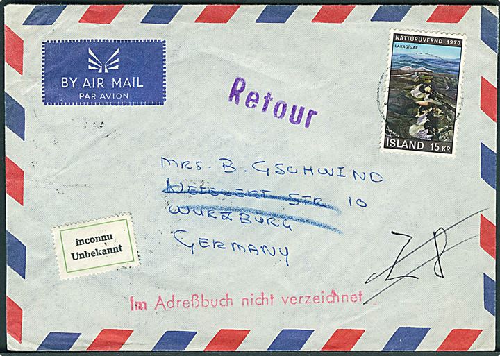 15 kr. Naturbeskyttelsesår single på luftpostbrev med svagt stempel 1970 til Wurzburg, Tyskland. Retur med 2-sproget etiket Unbekannt.