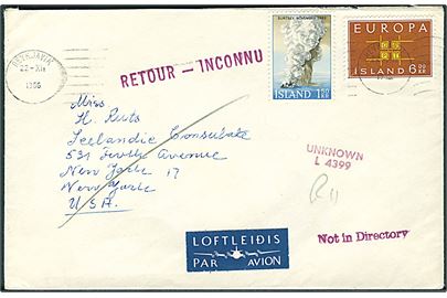 1,50 kr. Surtsey og 6 kr. Europa udg. på luftpostbrev fra Reykjavik d. 22.12.1966 til New York, USA. Retur som ubekendt med flere stempler.