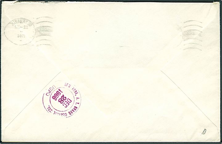 1,50 kr. Surtsey og 6 kr. Europa udg. på luftpostbrev fra Reykjavik d. 22.12.1966 til New York, USA. Retur som ubekendt med flere stempler.
