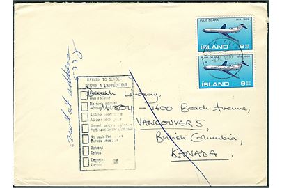 9,50 kr. Lufttransport jubilæum i parstykke på brev fra Reykjavik d. 8.12.1970 til Vancouver, Canada. Retur som ubekendt.