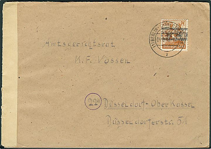 24 pfg. Bi-Zone Bånd-overtryk anvendt som Berlin-forløber på brev fra Berlin-Charlottenburg d. 4.8.1948 til Düsseldorf. 