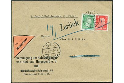 5 pfg. Schiller og 15 pfg. Kant på lokalbrev med postopkrævning i Kiel d. 9.1.1928. Retur.