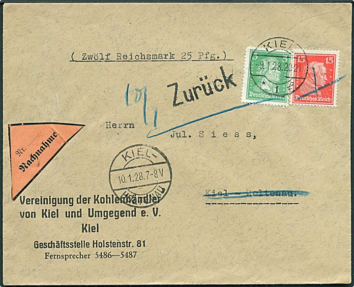 5 pfg. Schiller og 15 pfg. Kant på lokalbrev med postopkrævning i Kiel d. 9.1.1928. Retur.