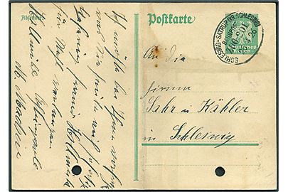 5 pfg. helsagsbrevkort annulleret med bureaustempel Schleswig - Satrup (Kr. Schleswig) Bahnpost Zug 201 d. 26.4.1926 til Schleswig. 2 arkivhuller og fold.
