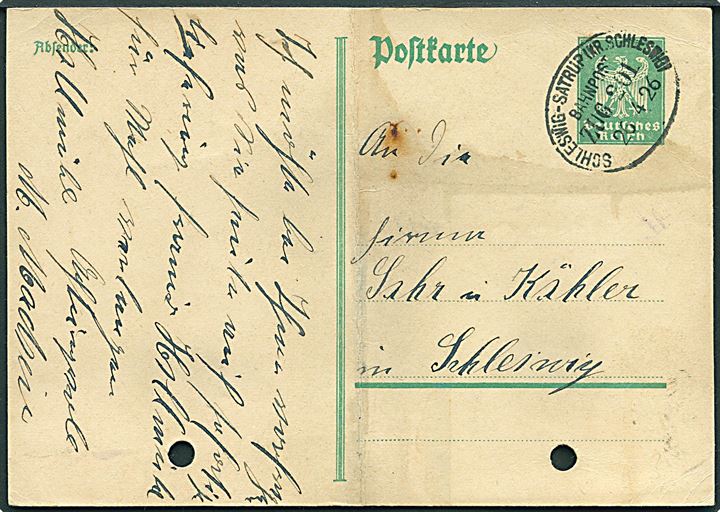 5 pfg. helsagsbrevkort annulleret med bureaustempel Schleswig - Satrup (Kr. Schleswig) Bahnpost Zug 201 d. 26.4.1926 til Schleswig. 2 arkivhuller og fold.