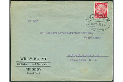 12 pfg. Hindenburg på brev fra Reiseby annulleret med bureaustempel Kiel - Flensburg Bahnpost Zug 1020 d. 25.1.1936 til Hamburg.