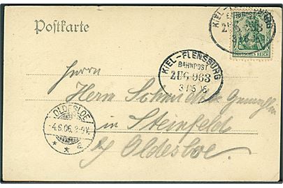 5 pfg. Germania på brevkort fra Eckernförde annulleret med bureaustempel Kiel - Flensburg Bahnpost Zug 963 d. 3.6.1906 til Oldesloe.