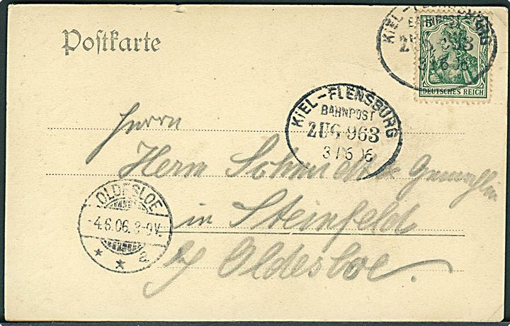 5 pfg. Germania på brevkort fra Eckernförde annulleret med bureaustempel Kiel - Flensburg Bahnpost Zug 963 d. 3.6.1906 til Oldesloe.