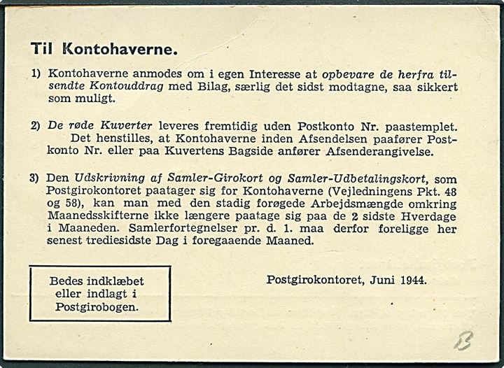 Ufrankeret portofri brevkort fra Postgirokontoret sendt lokalt i København. På bagsiden meddelelse dateret Juni 1944,