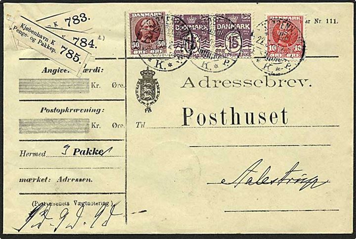 15 øre Bølgelinie i par, 10 øre og 50 øre Fr.VIII på 90 øre frankeret adressebrev for 3 pakker fra Kjøbenhavn d. 22.3.1909 til Aalestrup.