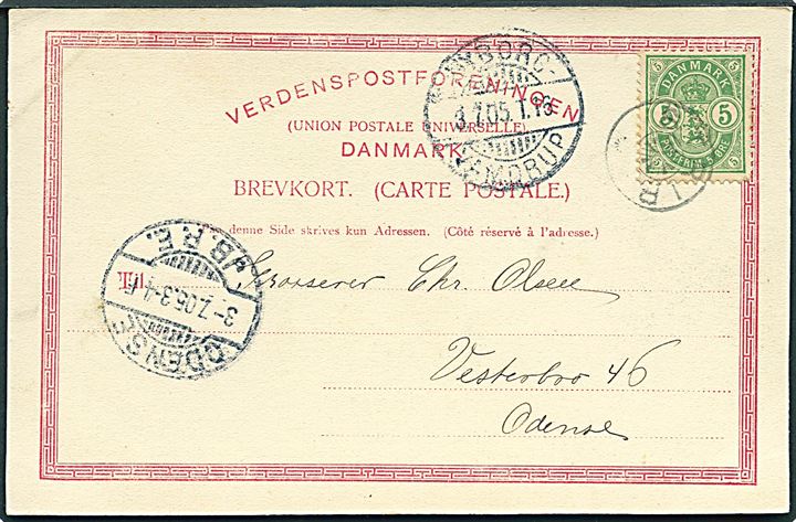 5 øre Våben på brevkort (Strib Færgegaard) annulleret med stjernestempel STRIB og sidestemplet Nyborg - Vamdrup T.16 d. 3.7.1905 til Odense.