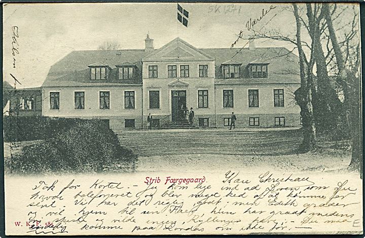 5 øre Våben på brevkort (Strib Færgegaard) annulleret med stjernestempel STRIB og sidestemplet Nyborg - Vamdrup T.16 d. 3.7.1905 til Odense.