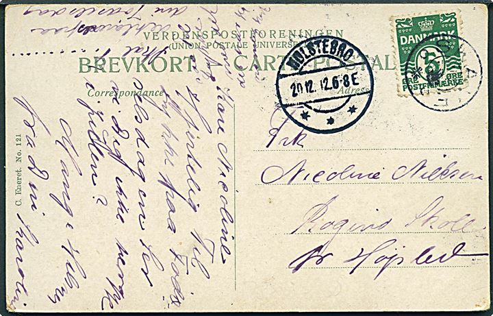5 øre Bølgelinie på brevkort annulleret med stjernestempel SKAVE og sidestemplet Holstebro d. 20.12.1912 til Højslev.