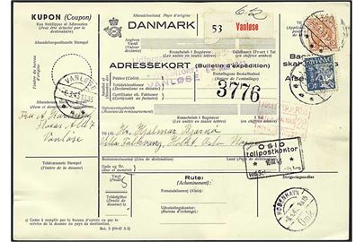 40 øre Karavel og 2 kr. Chr.X på internationalt adressekort for pakke fra Vanløse d. 6.3.1943 til Oslo, Norge. Liniestempel: Udførselstilladelse foreligger