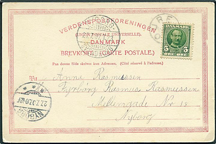 5 øre Fr. VIII på brevkort annulleret med stjernestempel OURE og sidestemplet Nyborg - Svendborg T.23 d. 27.7.1907 til Nyborg.