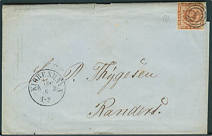 4 sk. 1858 udg. på brev annulleret med nr.stempel 1 og sidestemplet antiqua Kiøbenhavn KB d. 8.6.1861 til Randers.