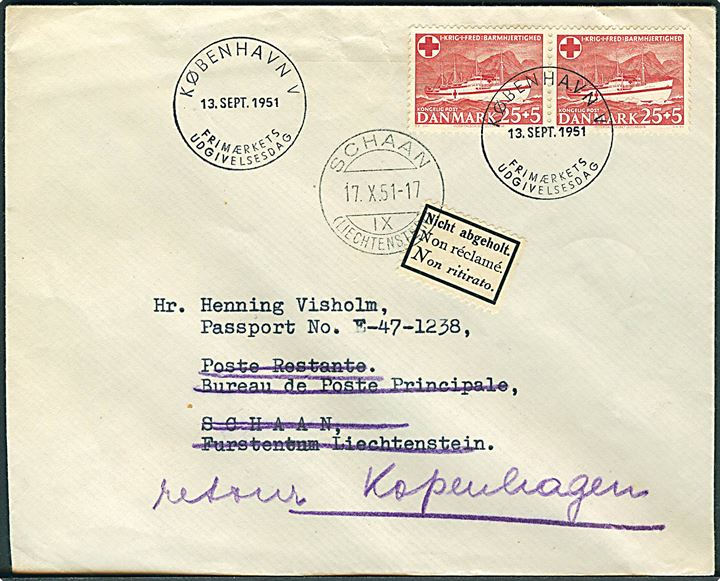 25+5 øre Hospitalsskibet Jutlandia i parstykke på FDC fra København d. 13.9.1951 til Schaan, Liechtenstein. Retur med 3-sproget etiket.