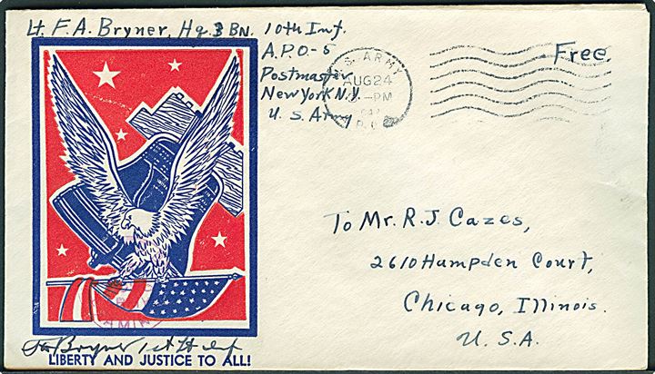 Ufrankeret illustreret patriotisk kuvert stemplet U.S.Army A.P.O. d. 24.8.1942 til Chicago, USA. Fra soldat ved 10th Infantry APO 5 (= Baldurshagi, Island). Svag base censor stempel.