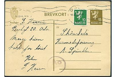 15 øre helsagsbrevkort opfrankeret med 10 øre Løve fra Oslo d. 14.8.1944 til Strömstad, Sverige. Passér stemplet Ao ved den tyske censur i Oslo.