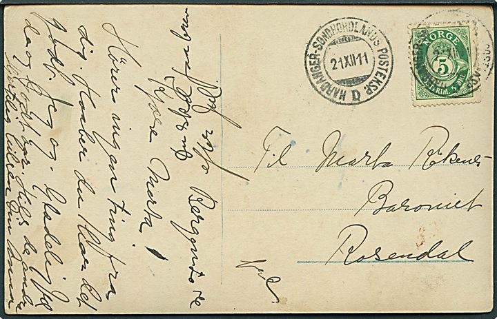 5 øre Posthorn på brevkort annulleret med sejlende bureaustempel Hardanger-Søndhordlands Posteksp. D d. 21.12.1911 til Rosendal.