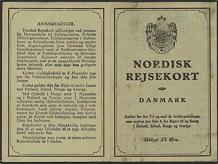 25 øre Karavel single på Nordisk Rejsekort stemplet København 28 d. 12.8.1937. 