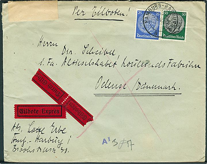 25 pfg. og 50 pfg. Hindenburg på ekspres brev fra Hamburg-Harburg d. 23.10.1940 til Odense, Danmark. På bagsiden transit stemplet Fredericia - Flensburg. 